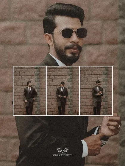 A modern collage of the groom in his suit, showcasing his style against a brick wall backdrop.