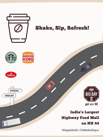 Shake, sip, refresh. This graphic shows how brands like Starbucks, Burger King, and Haldiram's are conveniently located on your route at Big Bay.