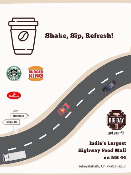 This graphic illustrates the journey to flavor, highlighting top brands like Starbucks, Burger King, and Haldiram's that await you at Big Bay.