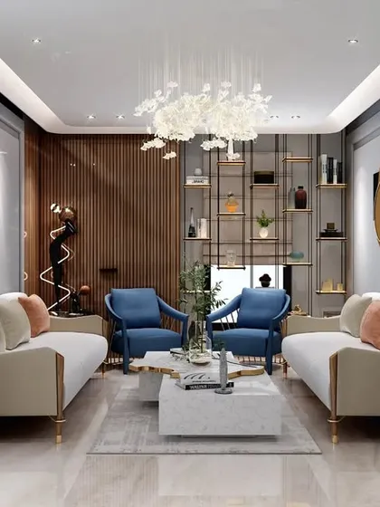 A symmetrical living room layout with two sofas facing each other, perfect for conversation. The back wall features dark wood paneling and an open shelving unit for displaying decor.