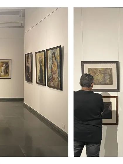 A split image showing a gallery view and a visitor closely examining a painting at the Vidya Bhushan show.