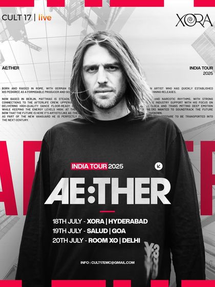 This poster for AE:THER's 2025 India tour lists dates in Hyderabad, Goa, and Delhi, demonstrating our expertise in organizing multi-city tours for international artists.
