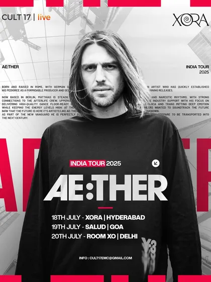 This poster for AE:THER's 2025 India tour lists dates in Hyderabad, Goa, and Delhi, demonstrating our expertise in organizing multi-city tours for international artists.