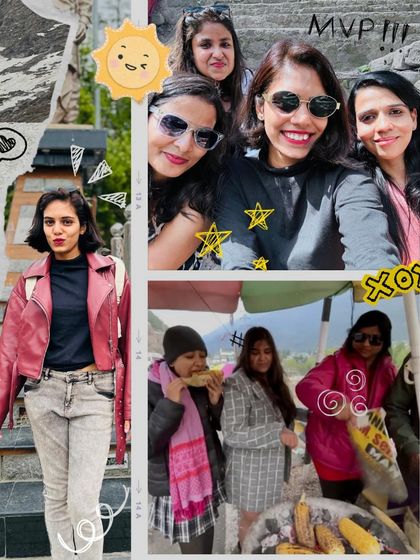 A scrapbook-style collage from a Manali trip, featuring girls enjoying street food and posing. It captures the candid, fun moments of exploring a new place with your travel sisters.