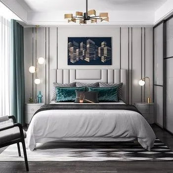 A chic bedroom interior with a vertically paneled headboard, modern art, and unique hanging light fixtures. The black and white patterned rug adds a bold graphic element to the room's design.