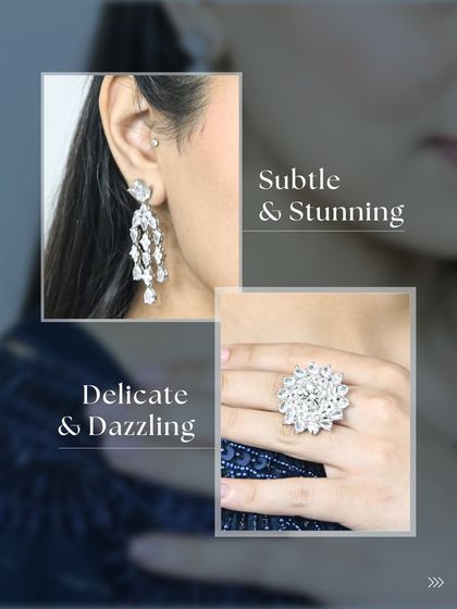 Delicate and dazzling diamond pieces. This graphic showcases a pair of cascading chandelier earrings and a large floral cocktail ring. These are perfect for adding subtle, stunning sparkle to an evening gown.