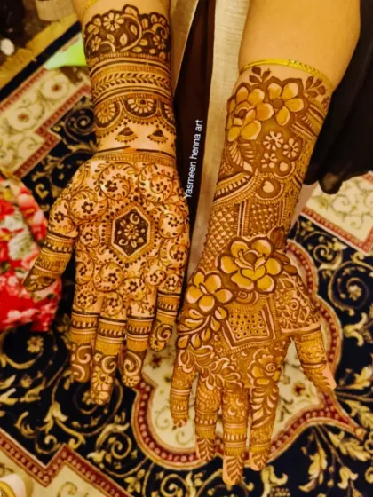 A little mehndi, a little magic, and a lot of love. This is a beautiful example of a party henna design, which is intricate but doesn't provide full coverage like a bridal design.