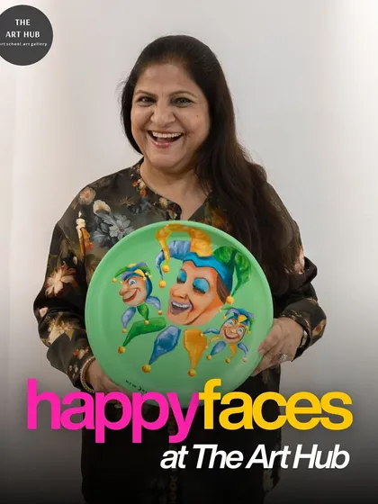 Laughter and creativity go hand in hand at The Art Hub. This student is thrilled with her whimsical jester painting, created during a fun and relaxed workshop session.