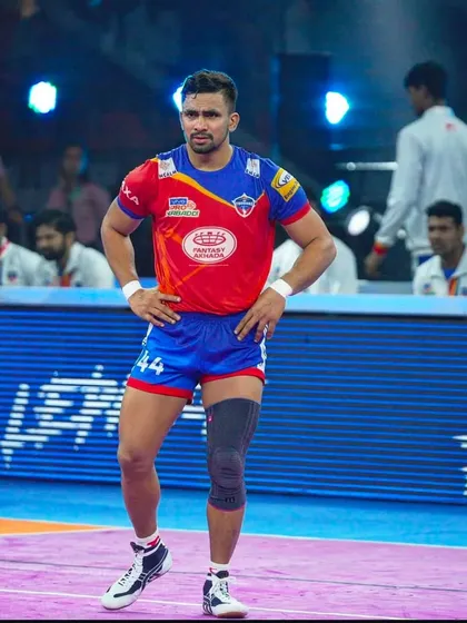 One of my senior players, Ashu Singh, on the mat during a Pro Kabaddi League match, representing Dabang Delhi.