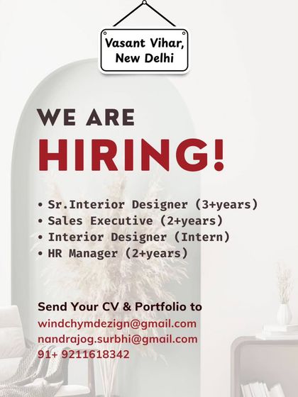 A multi-role ad from Windchym Dezign in New Delhi, featuring openings for a Senior Interior Designer (3+ years) and an Interior Design Intern.