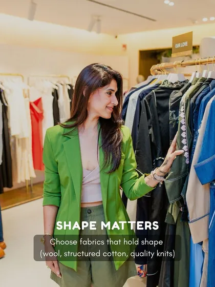 Shape matters. Choosing fabrics that hold their structure, like this green blazer, instantly elevates your outfit and gives it a more expensive, tailored appearance. opting for structured pieces over slouchy ones, even in casual outfits, makes you look more put together.