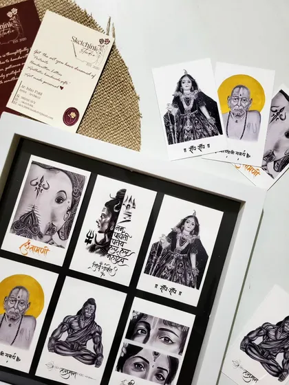 A closer look at the framed collection, showcasing the details of the Chintamani, Mahadev, and Swami Samarth postcards. Framing them together creates a powerful visual narrative of faith.