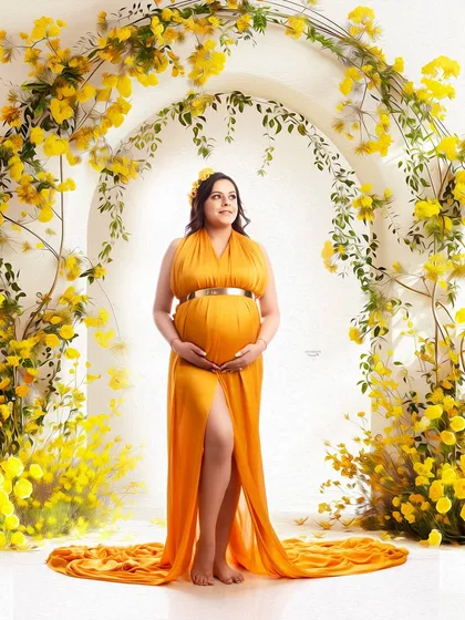 A beautiful full-length shot showcasing a flowing yellow gown within a custom-made floral arch. This setup creates a sunny and cheerful atmosphere for a memorable pregnancy photo.