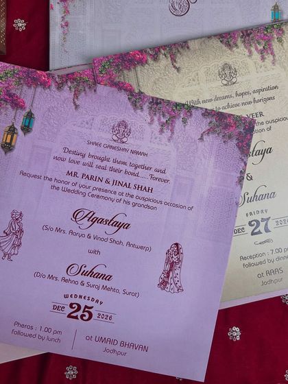 A set of lavender-hued inserts for the wedding and other ceremonies, adorned with illustrations of hanging lanterns and bougainvillea.