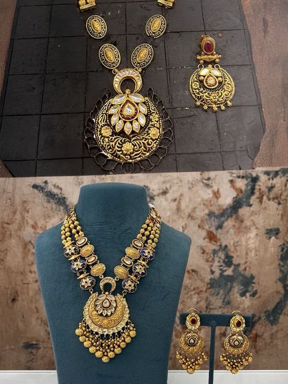 A side-by-side look at how we combine different elements. We took a pendant and chain, added new layers, blue stones, and kundan work to create a heavy, layered necklace set that makes a real statement.