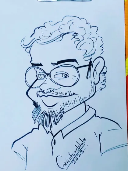 A funny caricature of a man with curly hair and glasses. I love the cheerful expression.