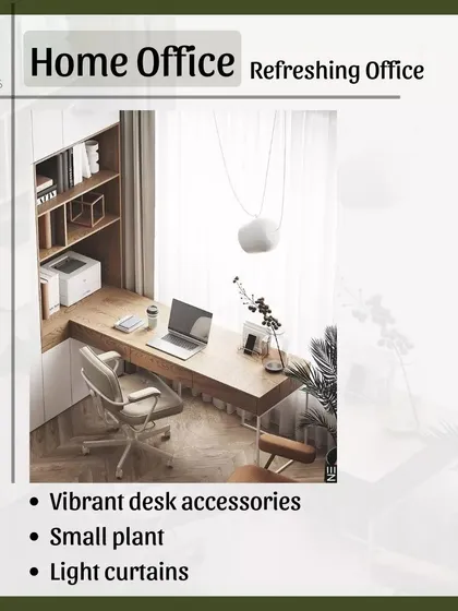 Refresh your home office to stay productive during the summer. Use vibrant desk accessories for a pop of color, add a small plant, and switch to light curtains to maximize daylight.