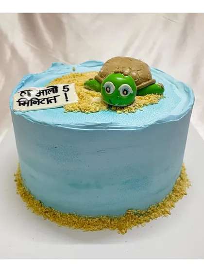 A cake for that friend who is always late, featuring a fondant turtle and a Marathi sign that says, "Ha alo 5 mintat!" (Coming in 5 minutes!).