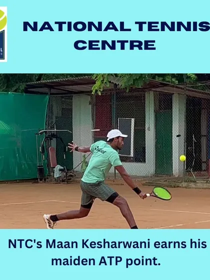 A breakthrough moment for our player Maan Kesharwani. This graphic celebrates him earning his first maiden ATP point at the M15 tournament in Tehran, a critical step in his professional tennis journey.