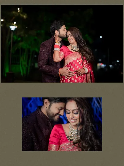 A collage of two romantic portraits from the reception, one showing the groom kissing the bride's forehead and the other a close-up embrace.