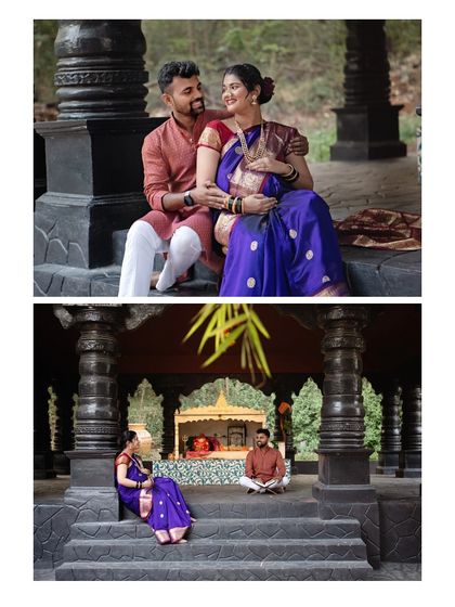 A collage showing two perspectives of the same scene. One is a close-up of the couple, and the other a wider shot showing the beautiful architecture of the location.