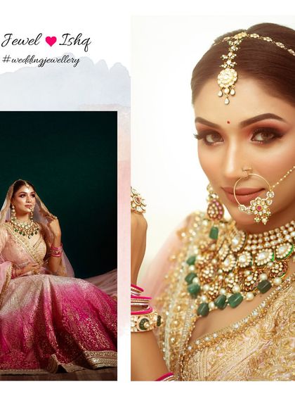 A collage showing the full bridal look and a close-up of the jewellery. The pink and gold lehenga is perfectly complemented by the green and white Polki set.