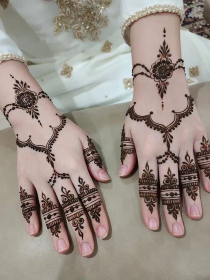 Elegant and modern Arabic-style mehndi. This design is perfect for engagements, parties, or for guests who love a minimalist yet beautiful look, featuring delicate floral and vine patterns on the hands and fingers.