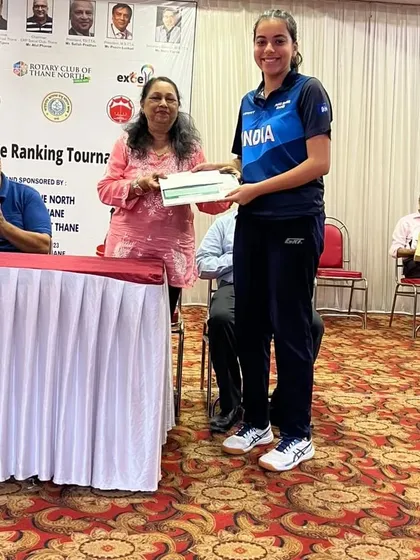 Risha Mirchandani receiving her finalist prize at the 4th state ranking tournament in Thane. She consistently performs at a high level in the women's category.