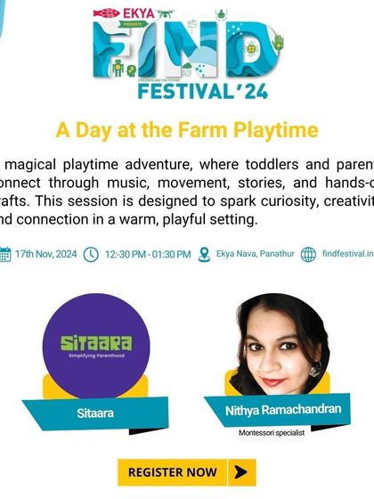 "A Day at the Farm Playtime" is a magical adventure for toddlers and parents. This workshop, led by a Montessori specialist, uses music, stories, and crafts to spark curiosity and connection in a warm, playful setting.