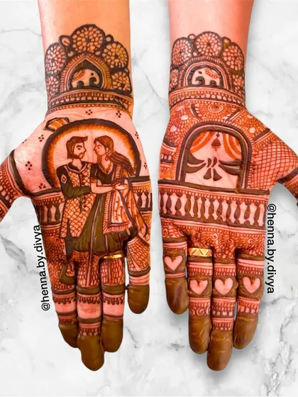 A lovely couple portrait design for an engagement. One hand shows the couple gazing at each other, while the other features a doli (palanquin) scene, symbolizing the beginning of their journey.