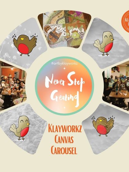An animated graphic celebrating our Canvas Carousel event, a perfect collaborative art adventure for groups looking to "Never Stop Creating" together.