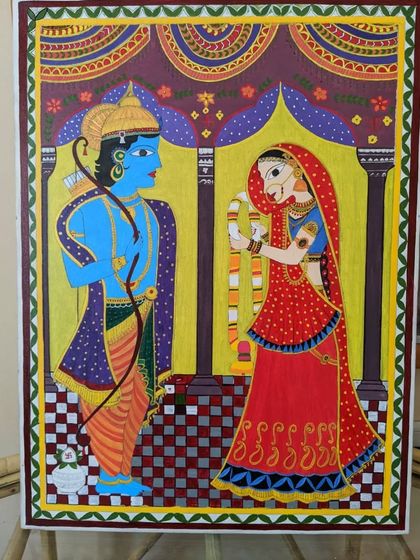 A completed Madhubani painting by my student, Prathima, depicting the divine couple Ram and Sita. This piece was done with acrylics on canvas and is a wonderful example of learning traditional folk art.