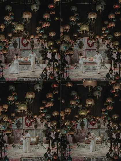 A creative, kaleidoscopic collage of the couple dancing among hanging lanterns. This artistic shot from their themed pre-wedding shoot is truly unique.