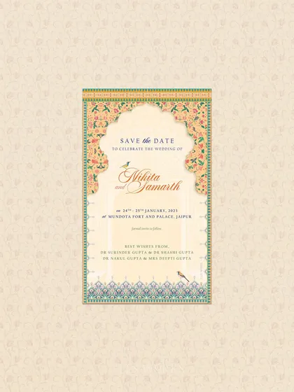 A beautiful Save the Date designed with intricate Rajasthani jharokha-style borders. The artwork evokes the grandeur of Jaipur's palaces, making it a perfect announcement for a destination wedding at Mundota Fort.