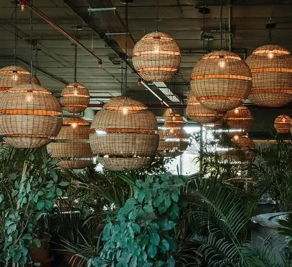 A close-up of the large, spherical rattan pendant lights hanging amidst indoor plants. This detail shot highlights my use of natural, textural elements to create a warm, organic, and immersive environment.