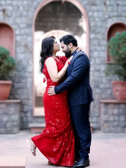 A classic romantic pose against a rustic stone archway. The woman's vibrant red dress stands out beautifully against the neutral tones of the architecture.