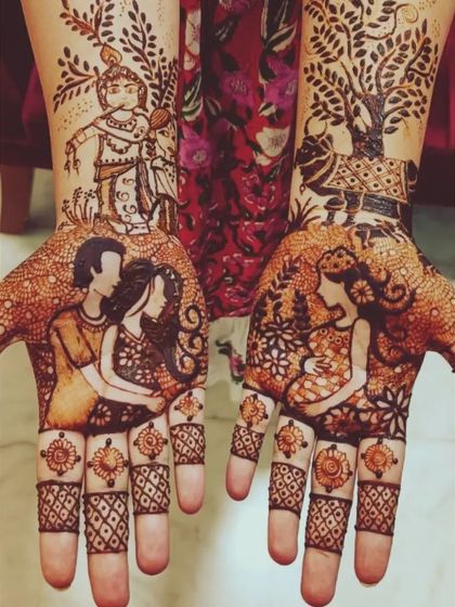 This design for actress Amulya's baby shower tells a story. It features a portrait of the couple, a solo portrait of the mom-to-be, and a depiction of baby Krishna, blending personal and divine elements.