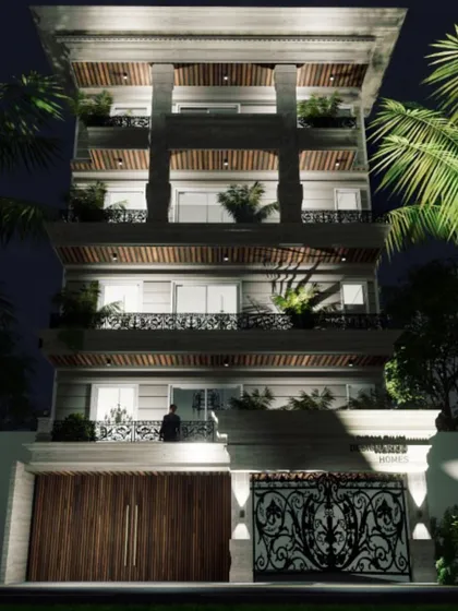 The night lighting concept for the classical residence. The illumination focuses on the columns and the underside of the balconies, creating a warm and stately ambiance that highlights the building's grand architectural features.