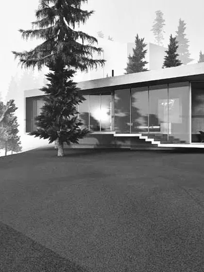 A conceptual render for an extension to a property within a beautiful pine forest in Himachal. The design uses clean lines and large glass panels to create a modern pavilion that sits lightly on the land, prioritizing views and a connection to the surrounding woods.