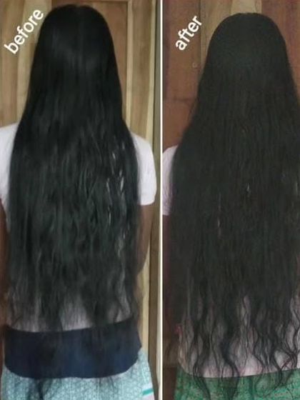 Another fantastic before-and-after result. This image shows how my Hair Booster Kit helped improve the length and texture of this customer's hair, making it look fuller and healthier.