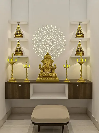 For homes that need a modern and space-efficient solution, we created this wall-mounted pooja unit. It features a clean, minimalist design with a backlit OM mandala, tiered shelves for multiple idols, and a floating console, making it a perfect fit for a contemporary apartment.