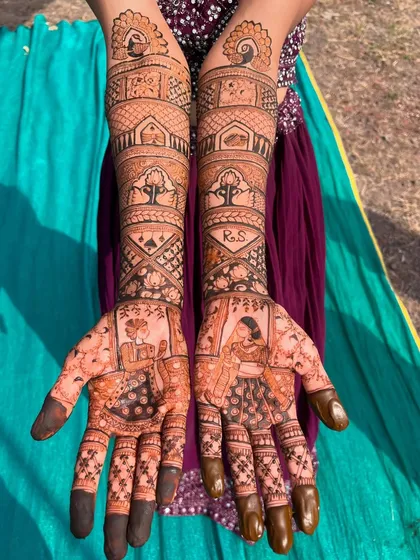 The final result of my student Rutuja's bridal mehendi. The design features bride and groom figures on the palms, a tree of life motif, and personalized initials.