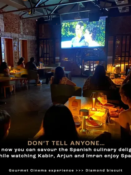 A sneak peek of our Gourmet Cinema setup. We transform beautiful dining spaces into theaters where you can savor culinary delights while watching a film, like this ZNMD screening at a jazz club.