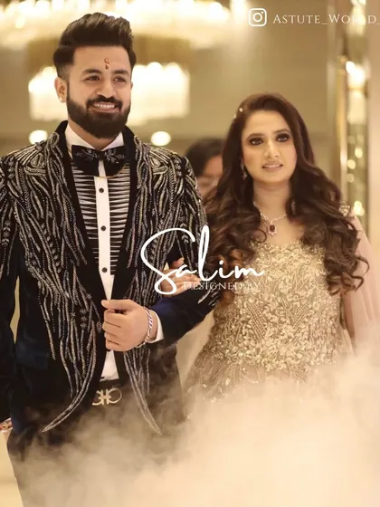A client looking sharp and confident on his special day. He's wearing a custom-designed velvet tuxedo with intricate tonal embroidery, a piece we created together to be both elegant and memorable for his wedding celebration.