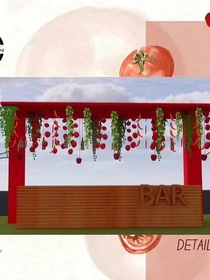 The design concept for the bar at the 'La Tomatina' event. The sketch shows a wooden bar decorated with hanging red chillies, tomatoes, and even Tabasco sauce bottles for a playful touch.