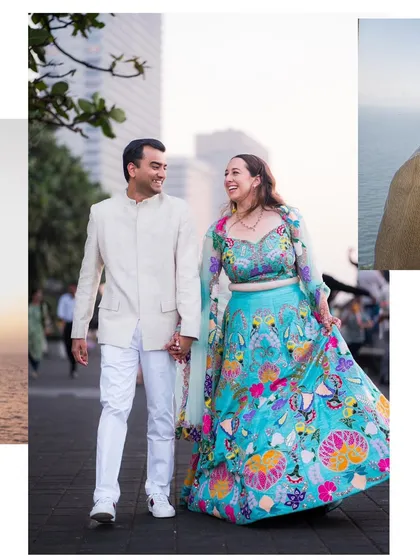A walk along Marine Drive, with the Queen's Necklace in the background. The couple's vibrant outfits and happy smiles perfectly match the lively energy of the city.