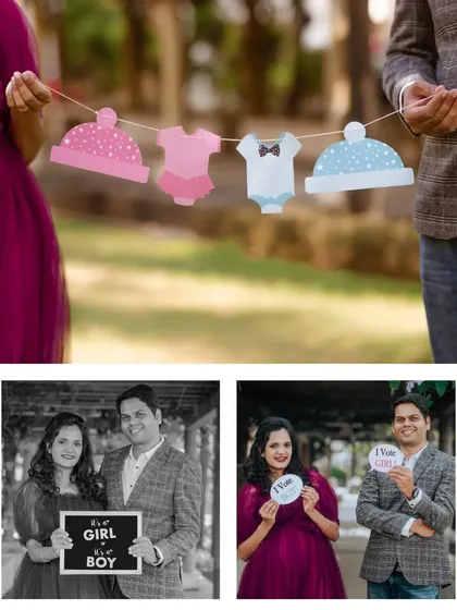 A collage showcasing fun props used in a maternity shoot, including a clothesline of baby outfits and 'It's a Girl/Boy' signs.