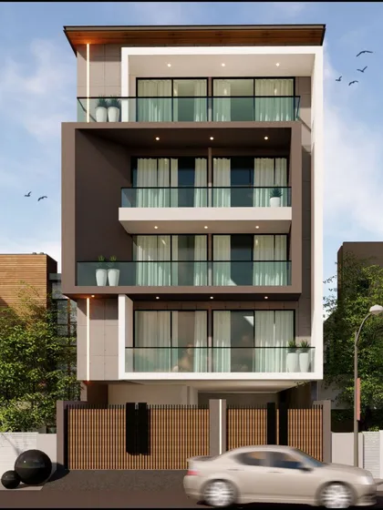 An elevation design for a multi-story residential building, characterized by its clean white frame and recessed balconies.