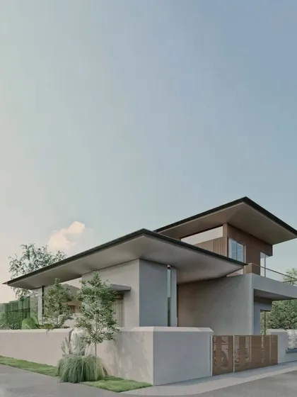 This is a render of our Sanctuary Residence project in Nandi Hills. The design uses simple, linear masses and deep roof overhangs to create a modern home that is both elegant and responsive to the climate.