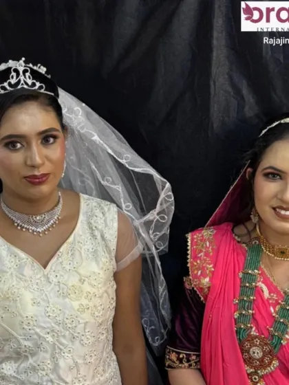This image highlights the different makeup and accessory choices for each bridal tradition, from the tiara and veil to the maang tikka and nath.